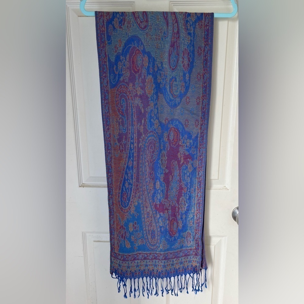 Vibrant Purple Blue Paisley Floral Pashmina Silk Wrap Scarf